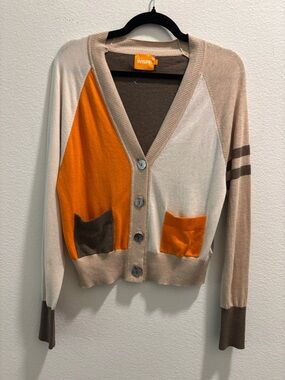 WISPR Brodie Colorblock Button-Up Cardigan Sweater in Orange & Cream, size S